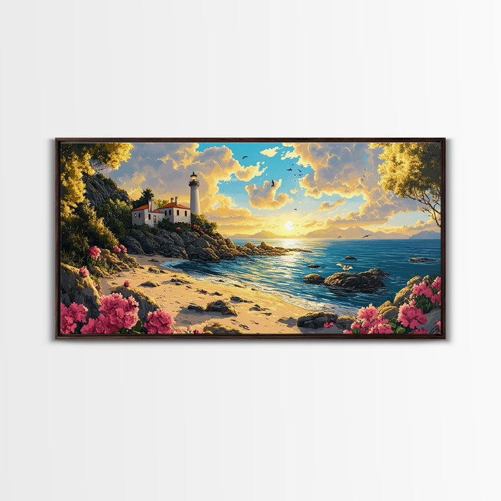 Rocky Beach Lighthouse At Warm Sunset Canvas Print, Coastal Wall Art, Ocean Seascape, Beach House Living Room Decor Gift