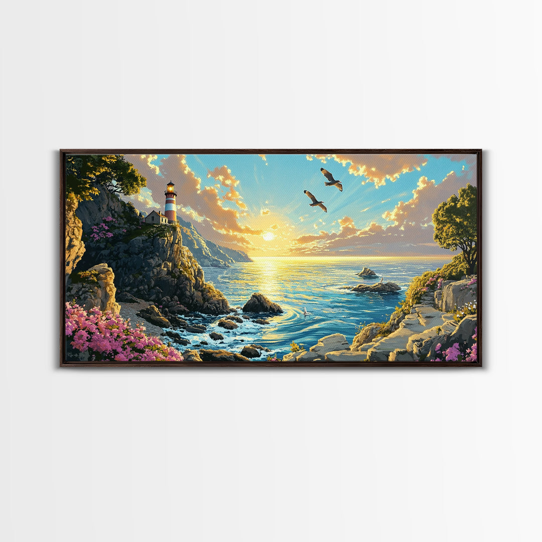 Clifftop Lighthouse Path With Seagulls Framed Canvas Print, Coastal Wall Art, Panoramic Ocean Art, Beach House Decor Gift