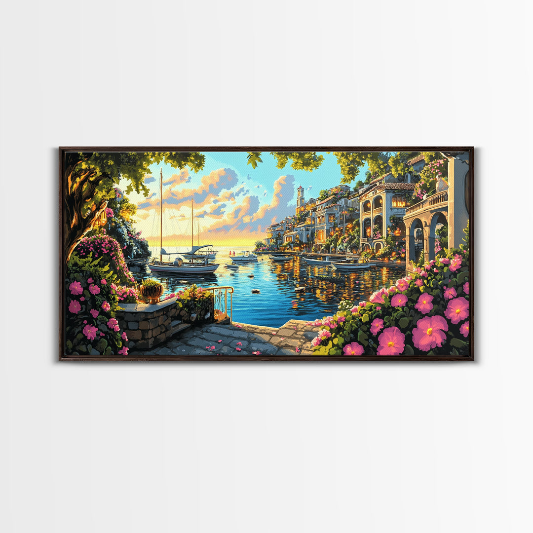 Flower Filled Mediterranean Marina At Sunset Canvas Print, Coastal Wall Art, Italy Decor, Canal Village Landscape Print Gift