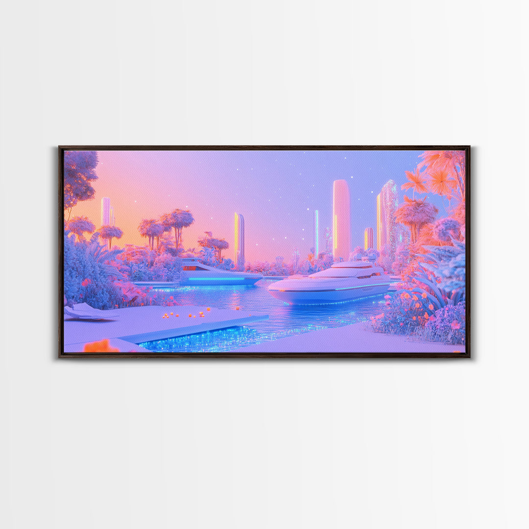 Pastel Futuristic Yacht Canal With Pink Palms Canvas Print, Sci Fi Wall Art, Vaporwave Decor, Dreamy Coastal Poster For Bedroom