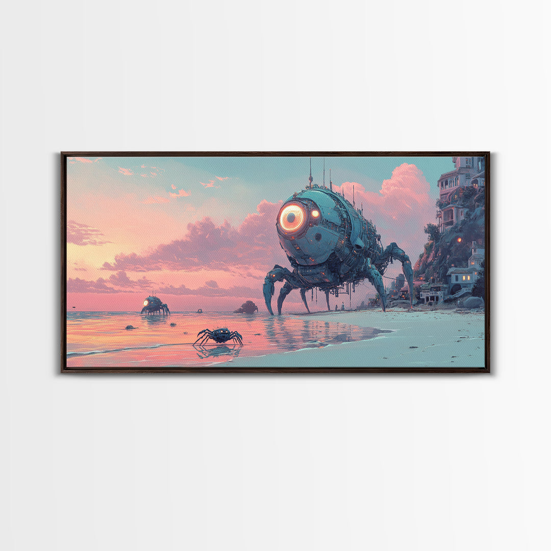 Robot Crab Beach Sunset Wall Art, Sci Fi Coastal Canvas, Futuristic Ocean Decor, Cyberpunk Seascape Print, Gamer Gift For Him