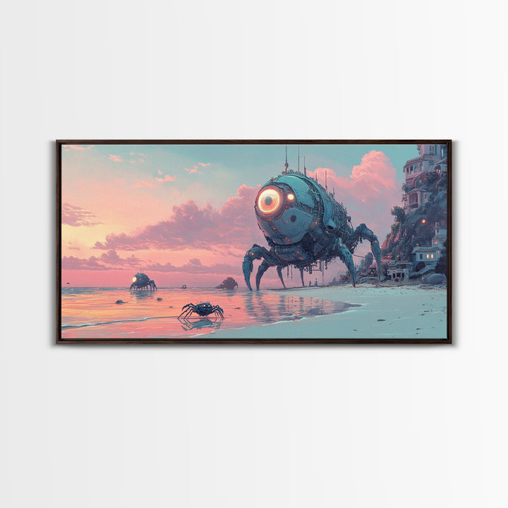 Robot Crab Beach Sunset Wall Art, Sci Fi Coastal Canvas, Futuristic Ocean Decor, Cyberpunk Seascape Print, Gamer Gift For Him