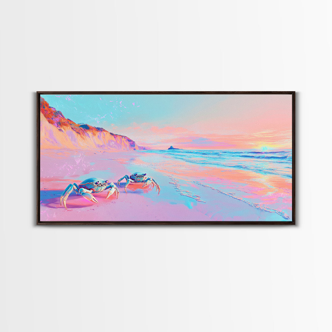 Pastel Crabs On Pink Beach Canvas Print, Coastal Wall Decor, Ocean Sunset Art, Tropical Nursery Decor, Beach House Gift For Her