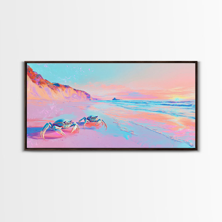 Pastel Crabs On Pink Beach Canvas Print, Coastal Wall Decor, Ocean Sunset Art, Tropical Nursery Decor, Beach House Gift For Her