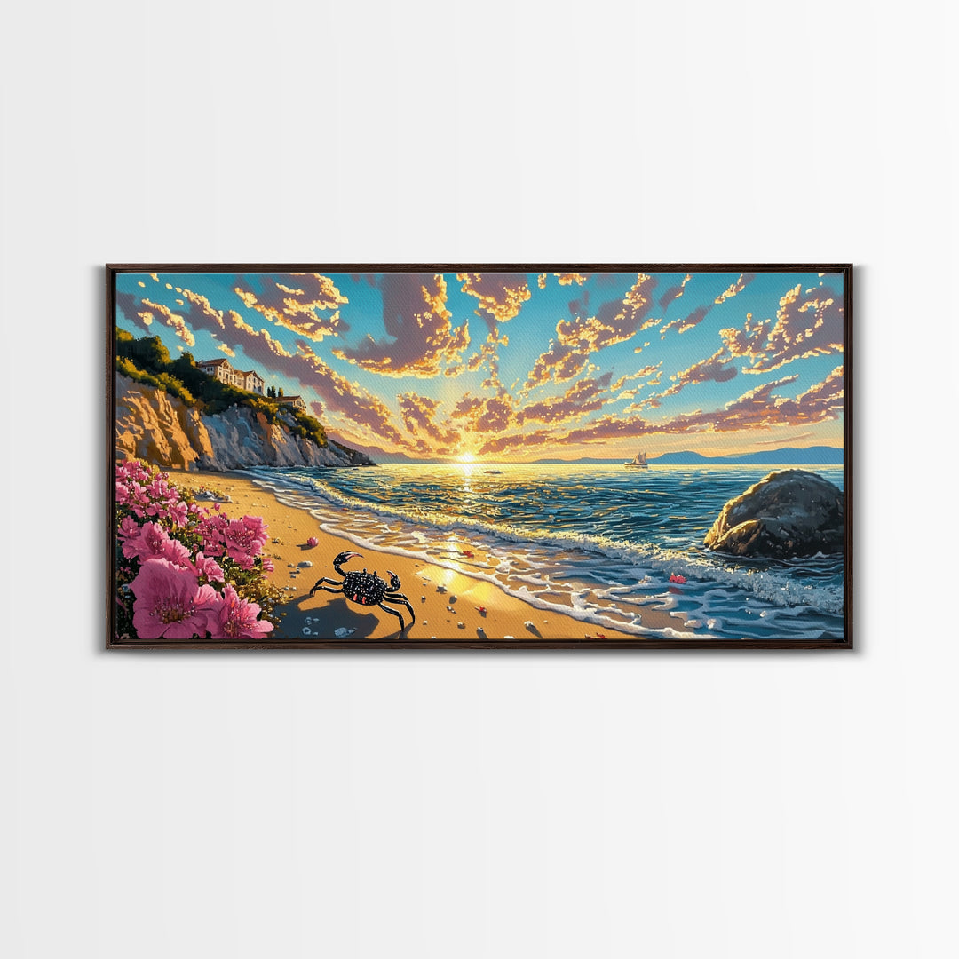 Golden Coastal Sunset With Crab Wall Art, Mediterranean Beach House Decor, Ocean Seascape Print, Living Room Canvas Art Gift