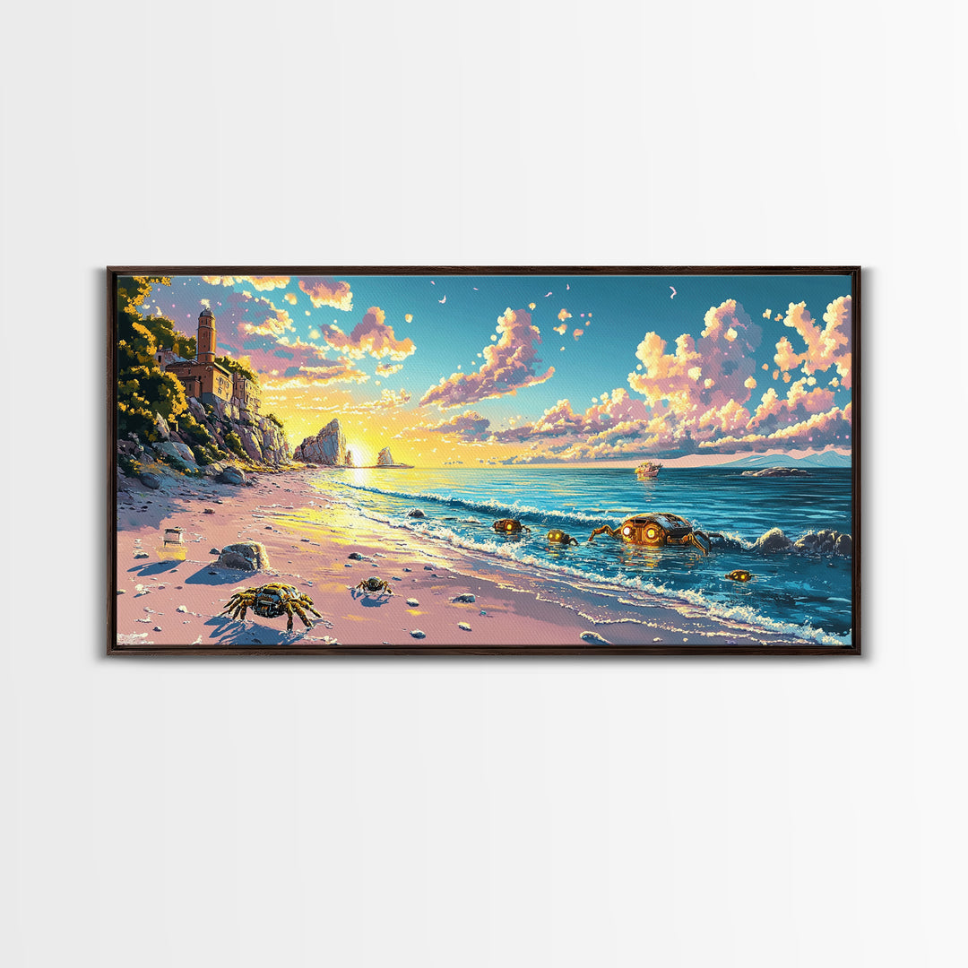 Sunlit Lighthouse Cove And Robot Crab Canvas Print, Coastal Sci Fi Wall Decor, Ocean Beach Art, Futuristic Nautical Gift