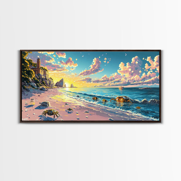 Sunlit Lighthouse Cove And Robot Crab Canvas Print, Coastal Sci Fi Wall Decor, Ocean Beach Art, Futuristic Nautical Gift