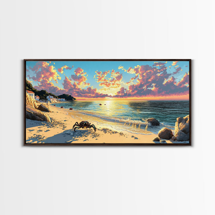 Crab On Golden Beach At Sunset Wall Art, Coastal Seascape Print, Ocean House Decor, Tropical Living Room Canvas Gift For Her