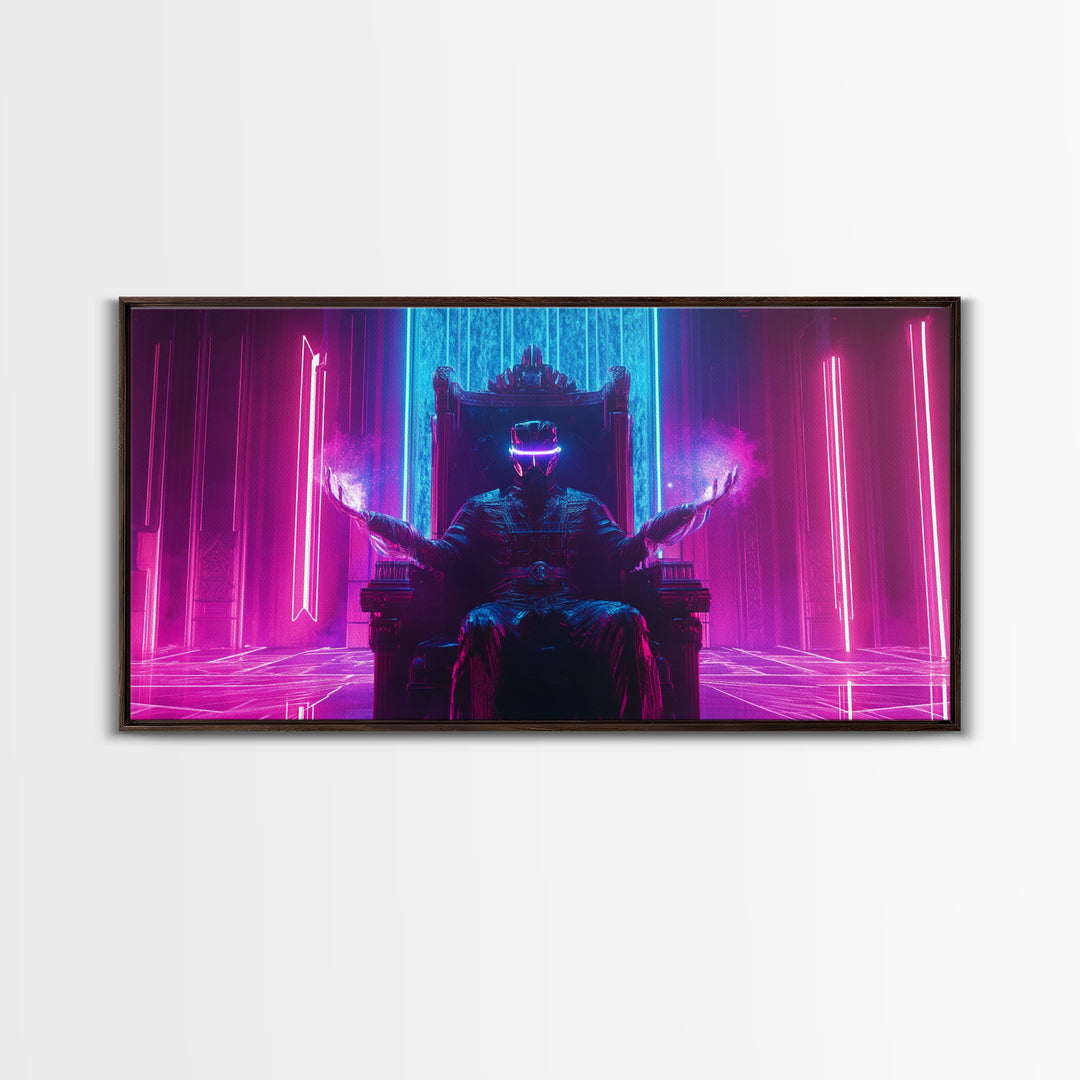 Neon Cyberpunk King On Throne Framed Canvas Print, Futuristic Wall Art, Sci Fi Gaming Room Decor, Dark Fantasy Gift For Him