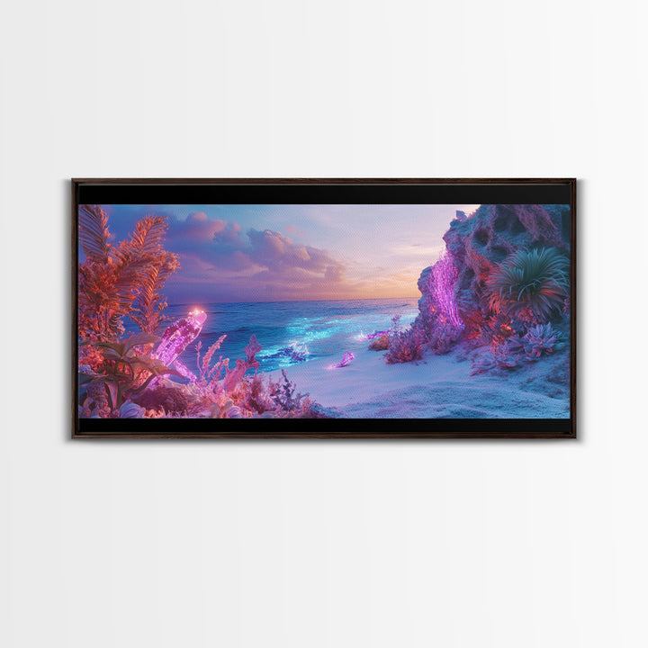 Neon Fantasy Beach With Glowing Coral Canvas Print, Tropical Ocean Wall Art, Cyberpunk Coastal Decor, Ethereal Seascape Print