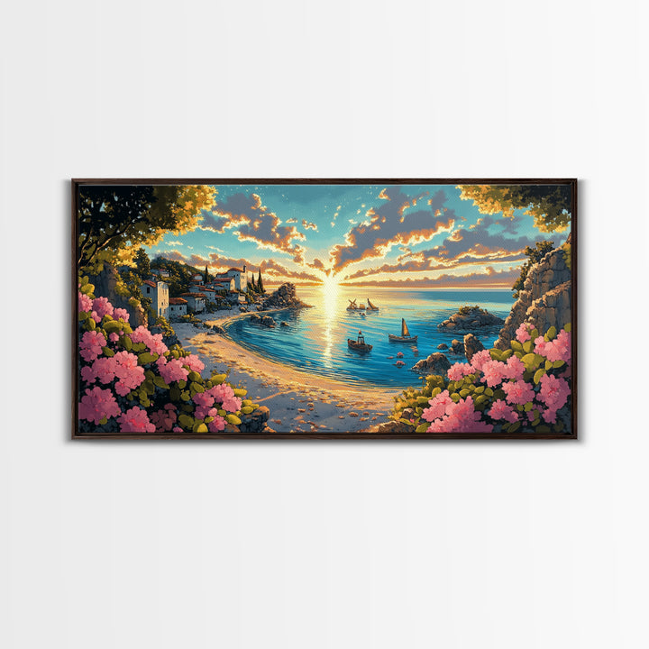 Italian Coastal Village Sunrise Wall Art, Mediterranean Cove Canvas, Beach House Decor, Panoramic Seascape Living Room Print