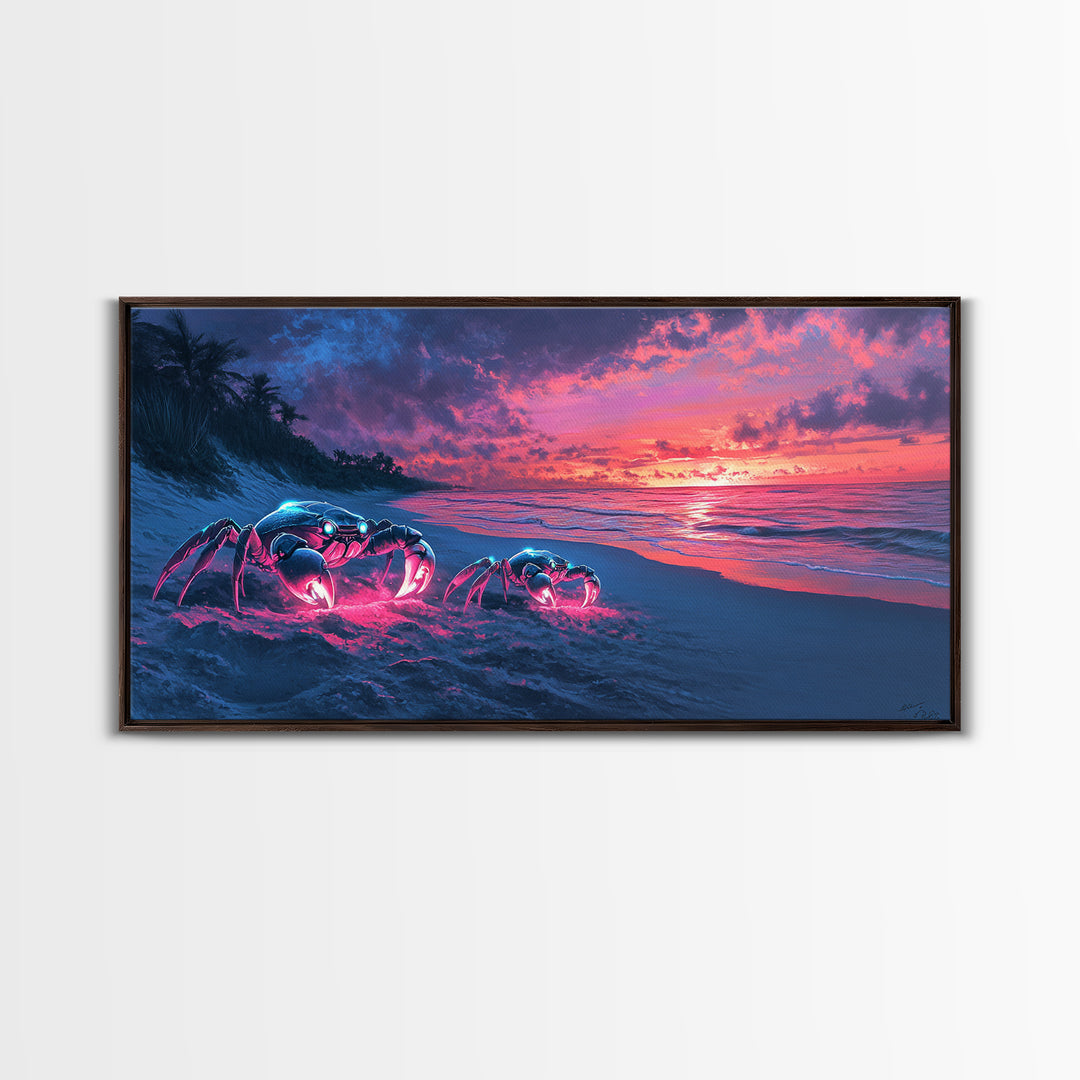 Glowing Neon Crabs On Twilight Beach Canvas Print, Cyberpunk Ocean Wall Art, Tropical Coastal Decor, Sci Fi Seascape Gift