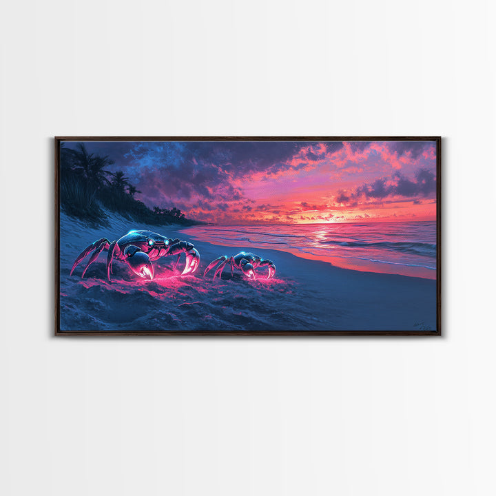 Glowing Neon Crabs On Twilight Beach Canvas Print, Cyberpunk Ocean Wall Art, Tropical Coastal Decor, Sci Fi Seascape Gift