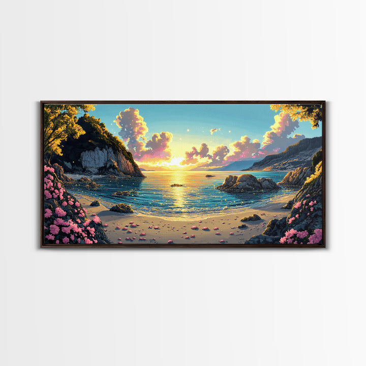 Mountain Cove Sunset With Pink Flowers Wall Art, Coastal Lake Canvas Print, Nature Landscape Decor, Serene Beach House Gift
