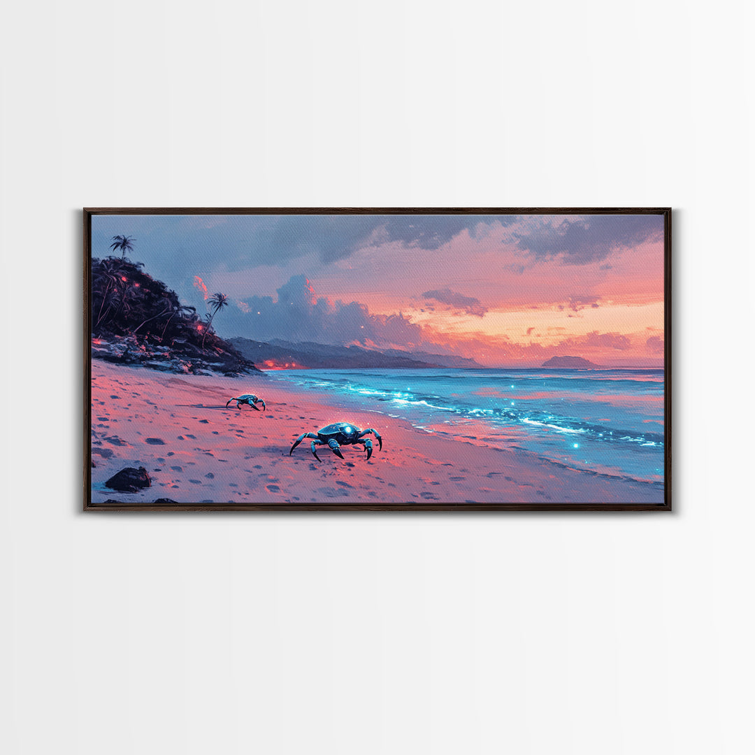 Bioluminescent Crab Beach At Pink Sunset Canvas Print, Coastal Wall Art, Ocean Decor, Beach House Gift, Fantasy Seascape