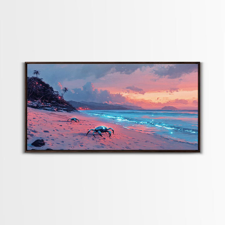 Bioluminescent Crab Beach At Pink Sunset Canvas Print, Coastal Wall Art, Ocean Decor, Beach House Gift, Fantasy Seascape