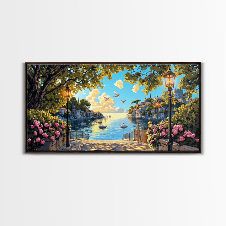 Sunny Mediterranean Harbor With Flowers And Lamps Wall Art, Coastal Canvas Print, Italian Decor, Living Room Wall Decor Gift