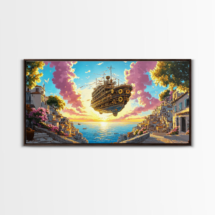 Floating Steampunk Ship Above White Coastal Village Canvas Print, Fantasy Wall Art, Mediterranean Decor, Travel Poster Gift