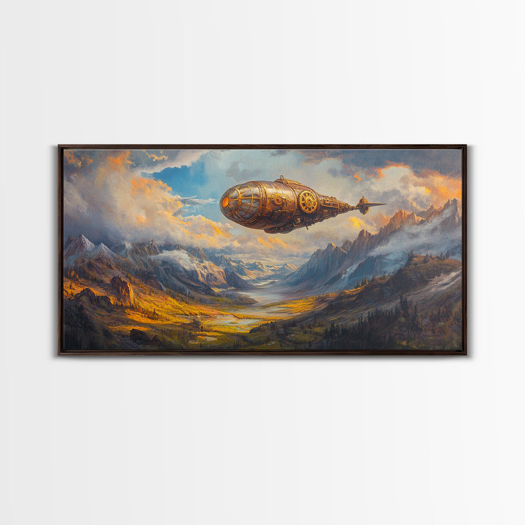 Golden Steampunk Airship Over Snowy Mountain Valley Canvas Print, Fantasy Wall Art, Moody Landscape Art, Office Decor Gift