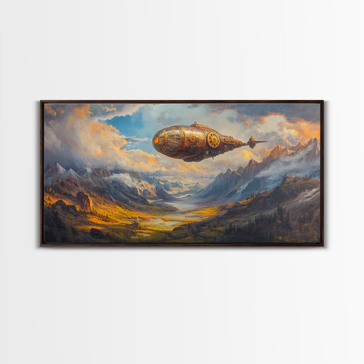 Golden Steampunk Airship Over Snowy Mountain Valley Canvas Print, Fantasy Wall Art, Moody Landscape Art, Office Decor Gift
