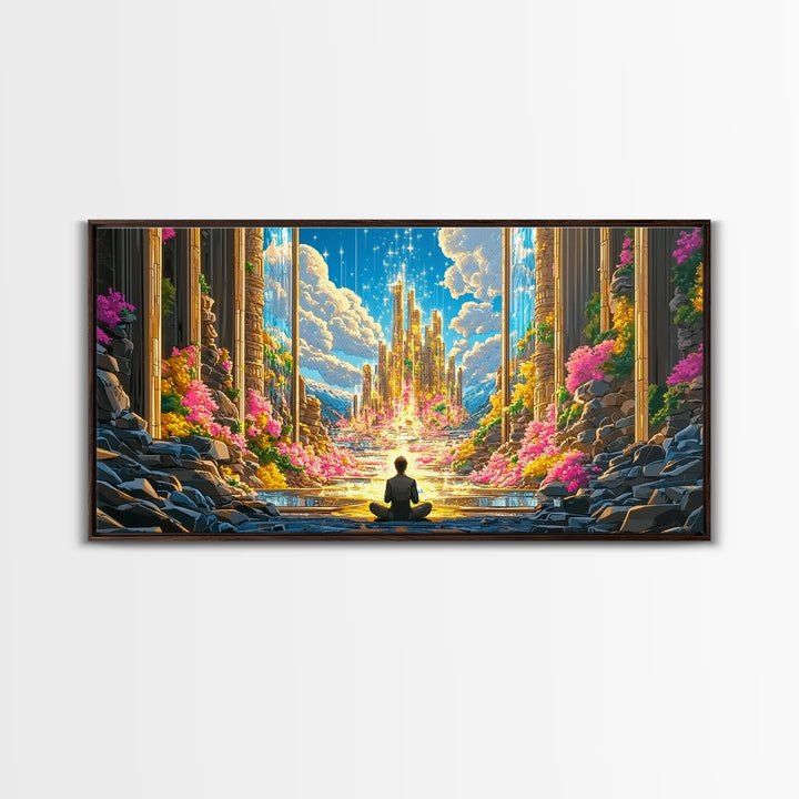 Meditating Figure Before Golden Celestial City Canvas Print, Fantasy Wall Art, Spiritual Decor, Meditation Room Art Gift