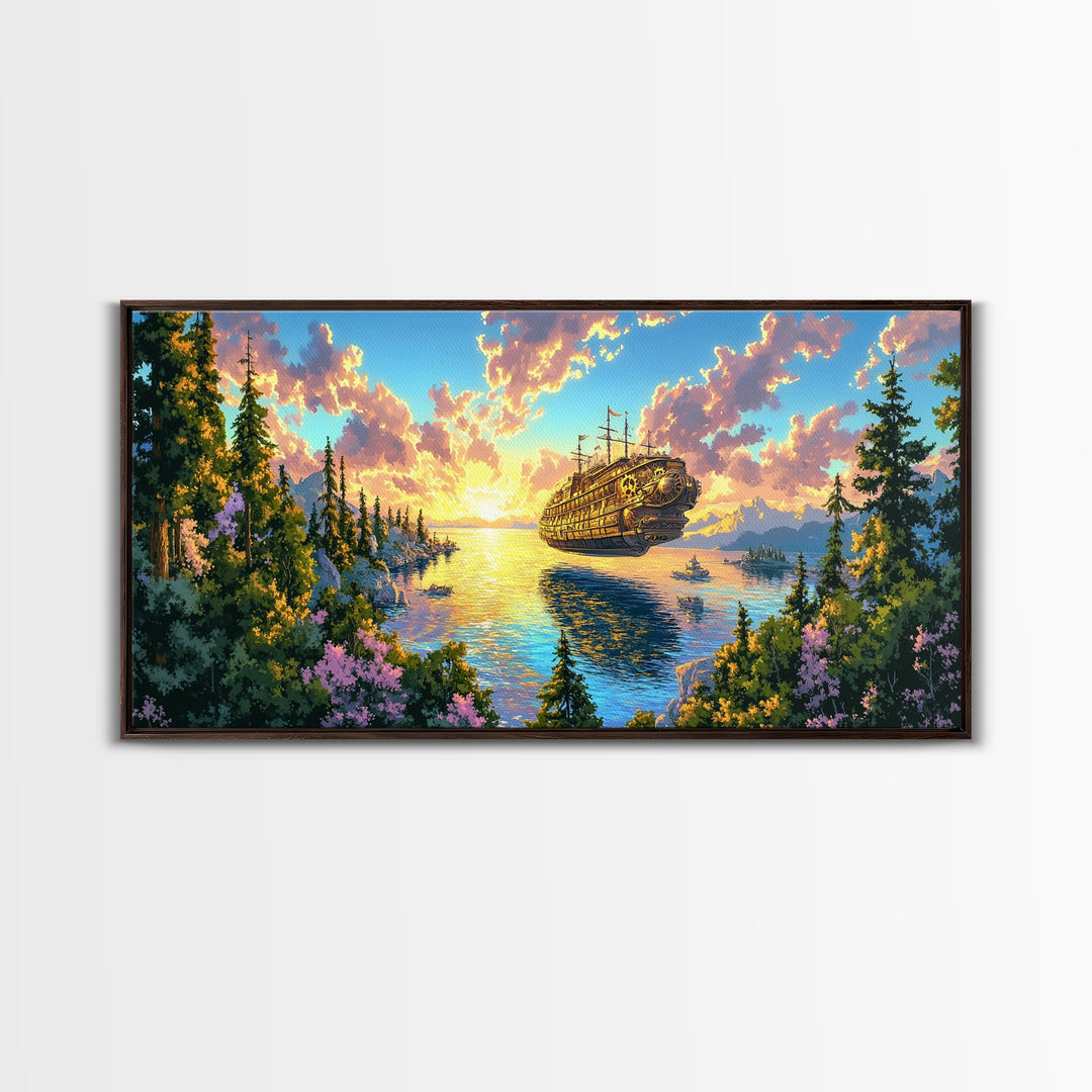 Steampunk Airship Over Sunset Forest Lake Framed Canvas Print, Fantasy Wall Art, Nature Decor, Cabin Living Room Art Gift