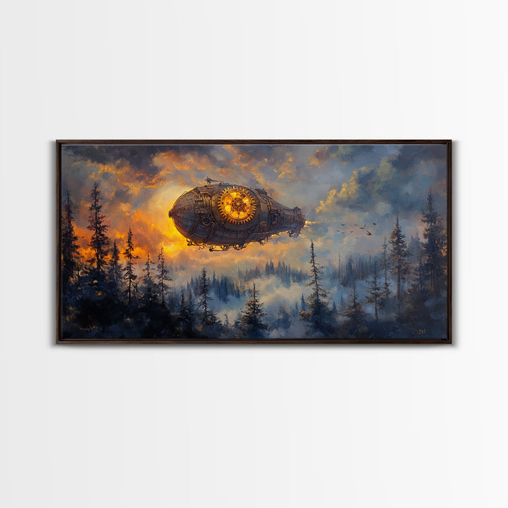 Moody Steampunk Airship Above Misty Pine Forest Canvas Print, Dark Fantasy Wall Art, Industrial Decor, Masculine Office Art