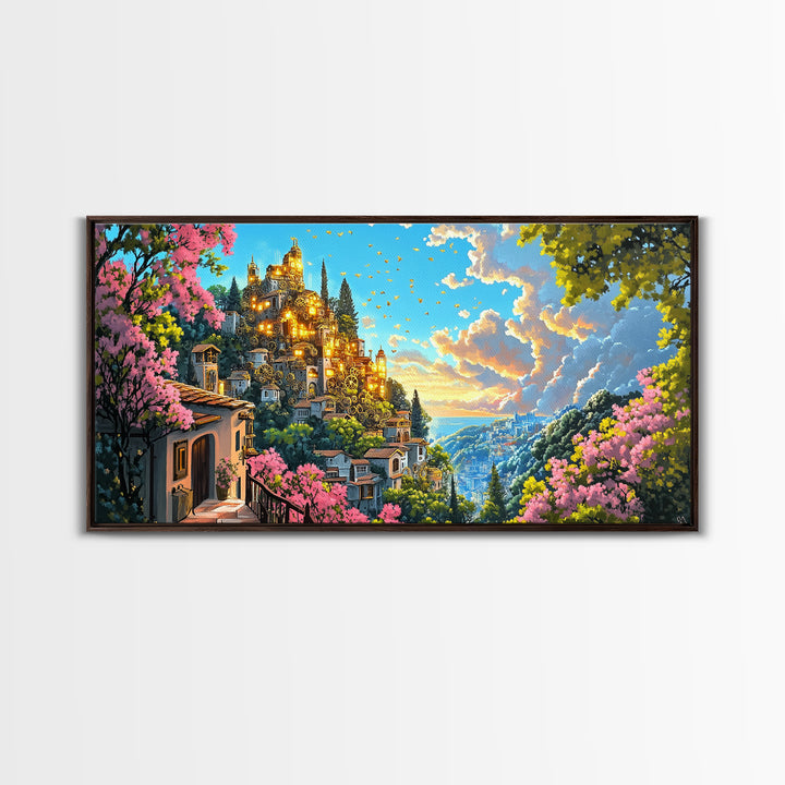 Golden Hilltop Castle With Pink Blossoms And Blue Valley Wall Art, Fantasy Canvas Print, Mediterranean Decor, Maximalist Art Gift