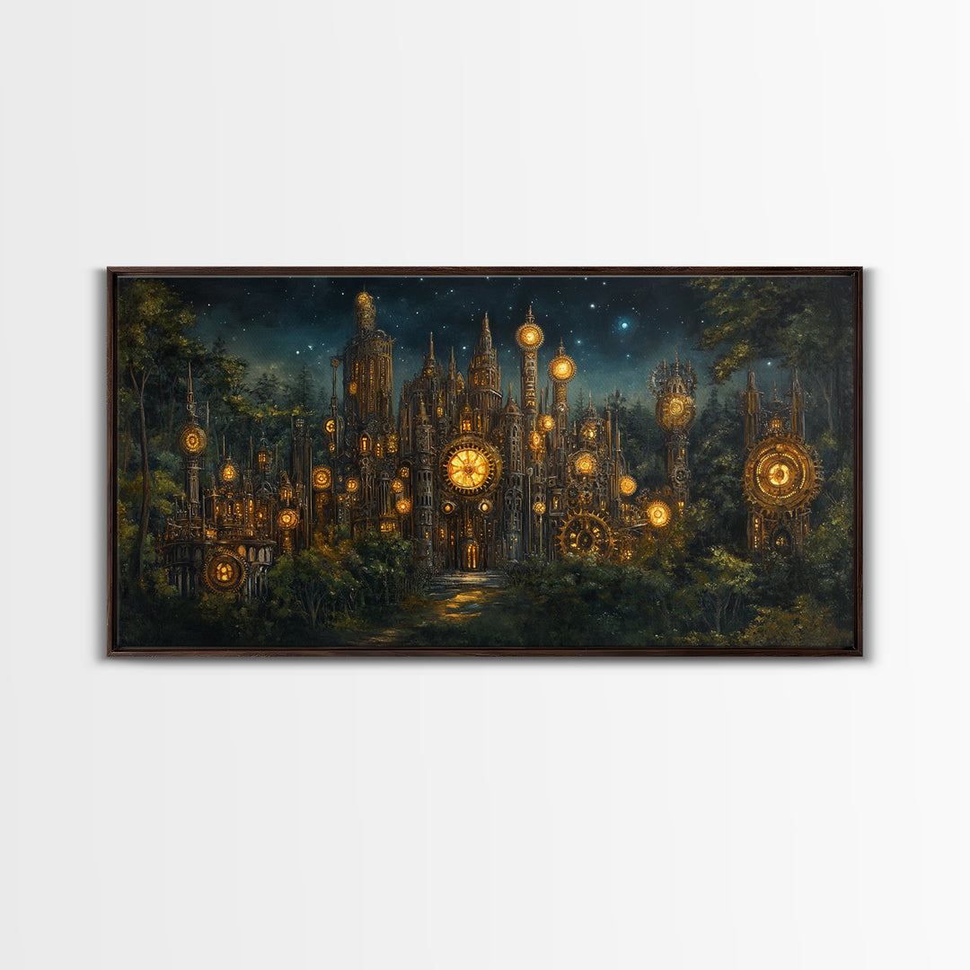 Clockwork Cathedral In Starry Forest Wall Art, Steampunk Fantasy City Canvas, Gothic Celestial Decor, Moody Office Print