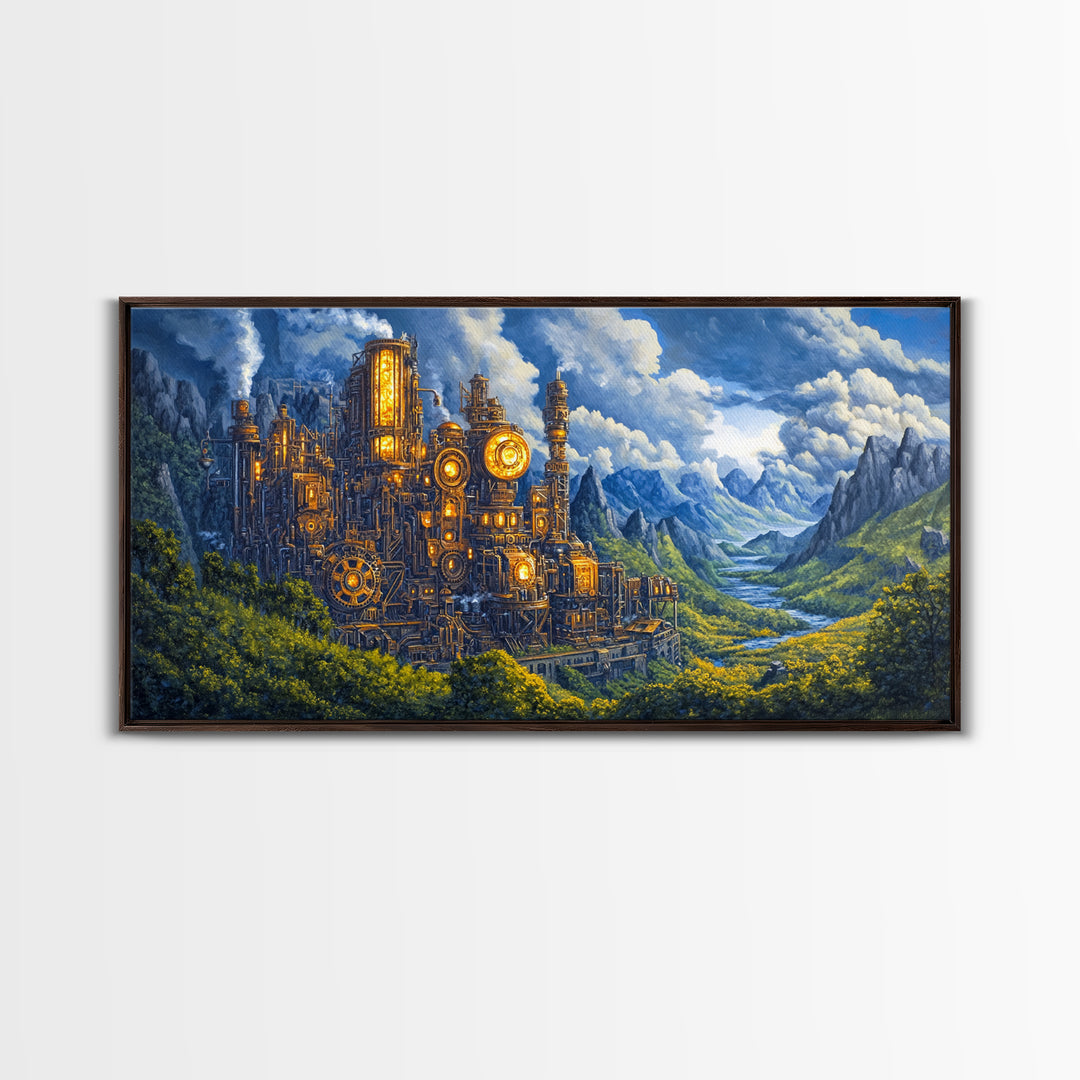 Steampunk Mountain Fortress Canvas Print, Industrial Fantasy Landscape Art, River Valley Wall Decor, Adventure Home Decor