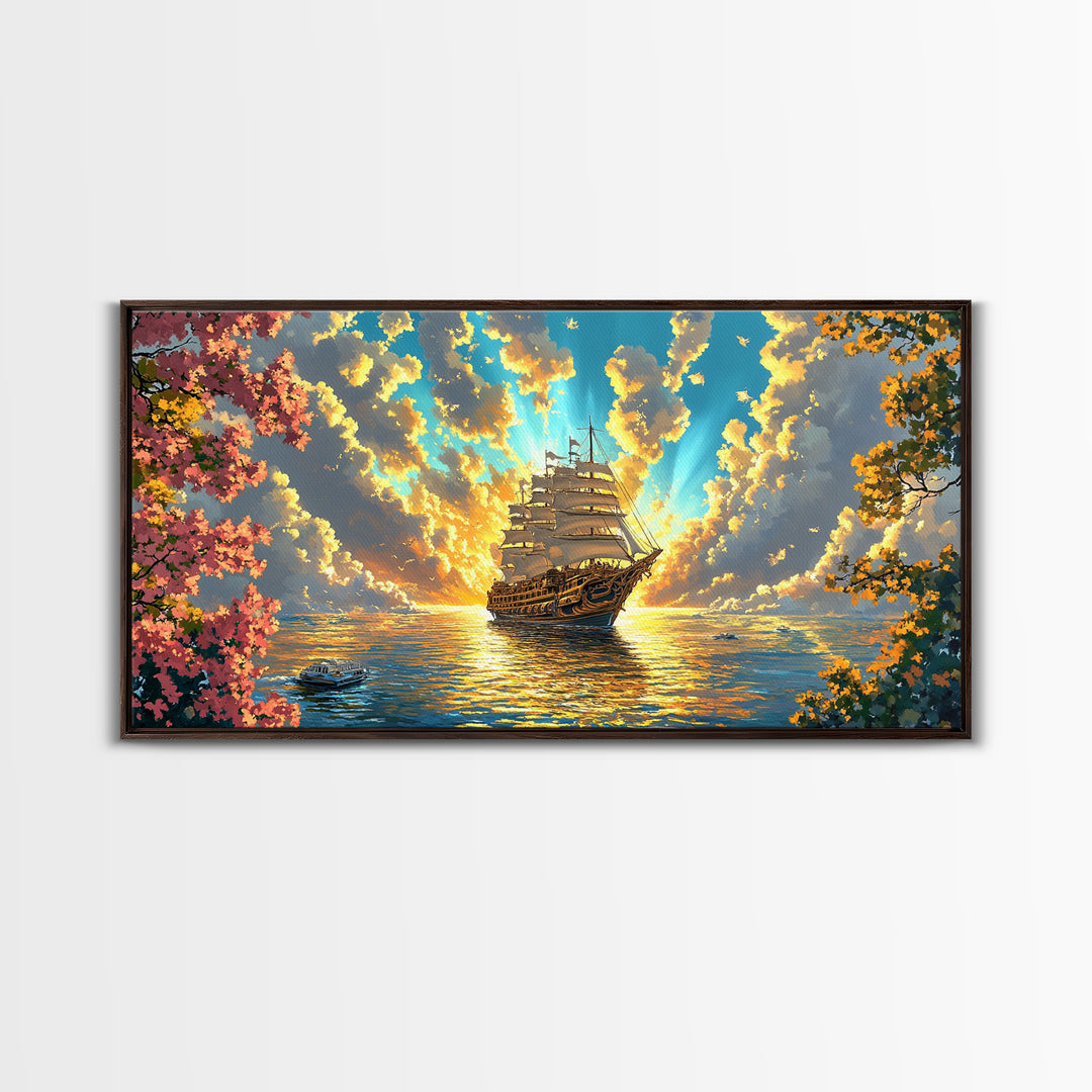 Golden Sailing Ship Canvas Print, Sunset Ocean Seascape Wall Art, Nautical Coastal Decor, Romantic Beach House Living Room Art