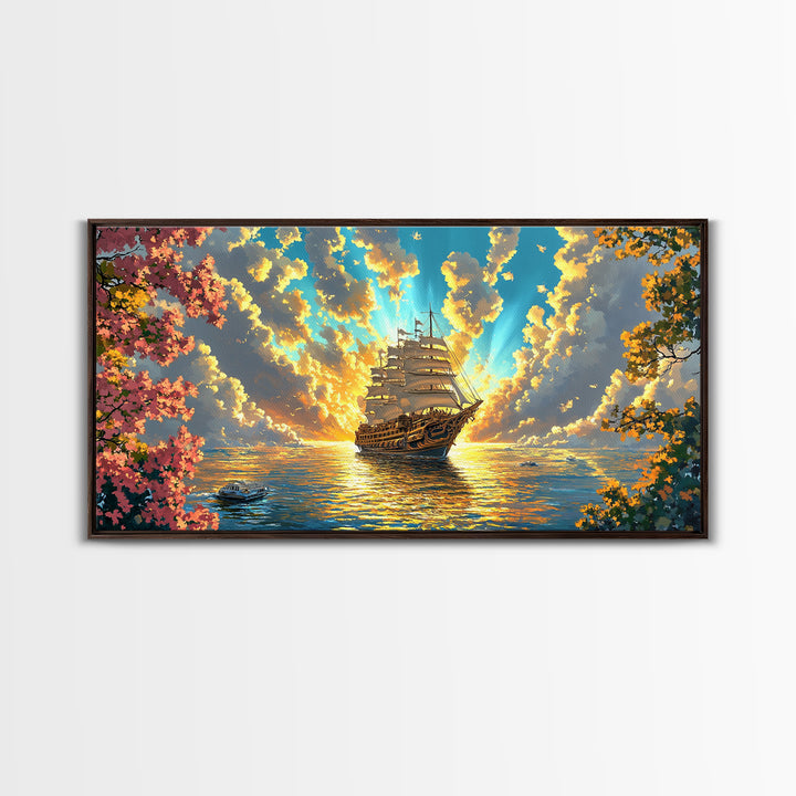 Golden Sailing Ship Canvas Print, Sunset Ocean Seascape Wall Art, Nautical Coastal Decor, Romantic Beach House Living Room Art