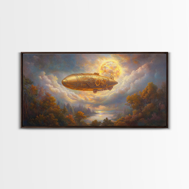 Golden Steampunk Airship Framed Canvas Print, Autumn River Landscape Wall Art, Celestial Moon Decor, Fantasy Office Art Print