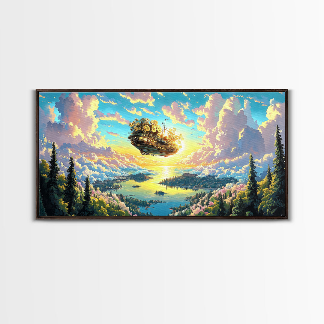 Floating Clockwork Island Canvas Print, Dreamy Lake Sunrise Wall Art, Pastel Cloud Fantasy Decor, Whimsical Home Decor Art
