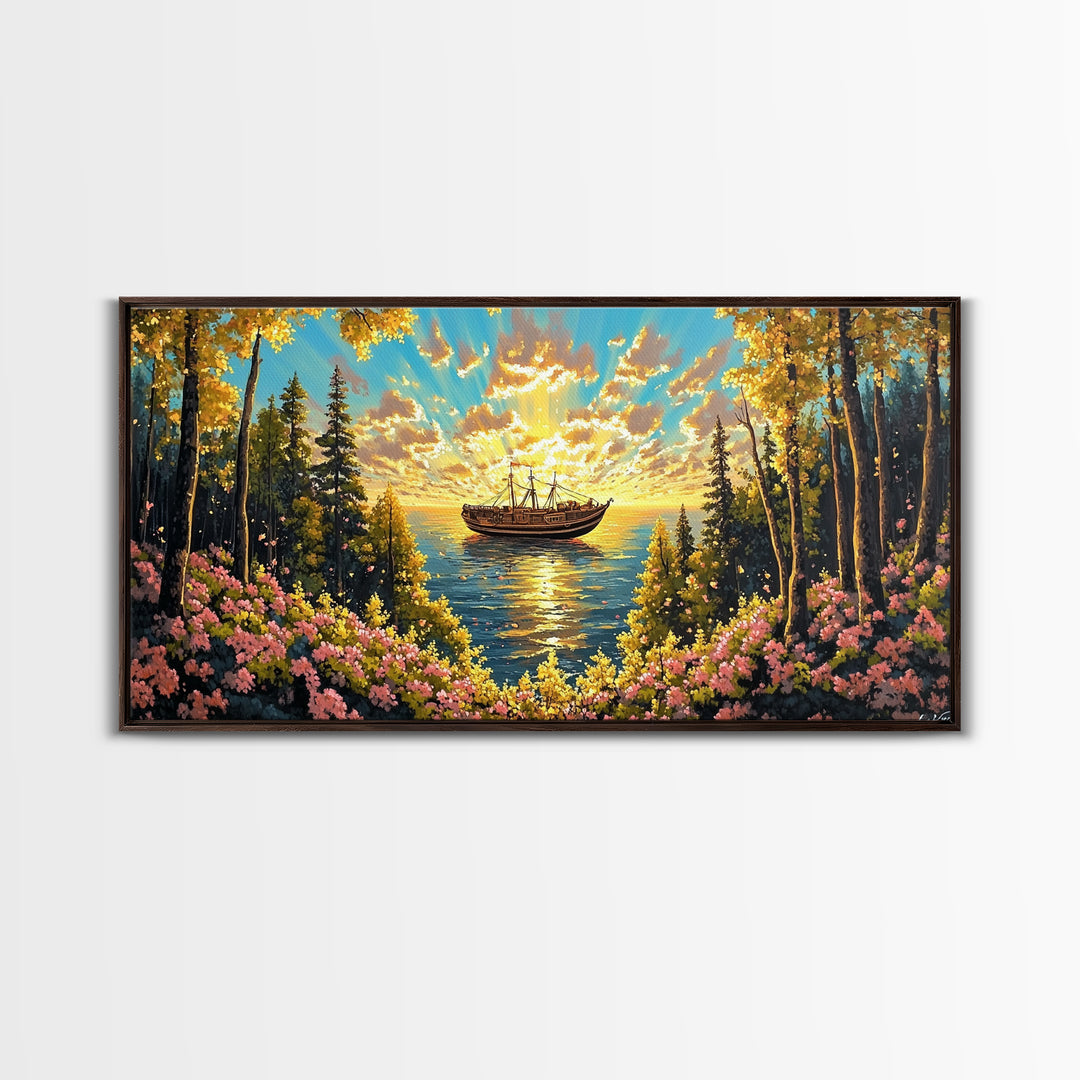 Sunset Boat On Forest Lake Wall Art, Wildflower Coastal Landscape Canvas Print, Rustic Nature Home Decor, Cozy Cabin Art