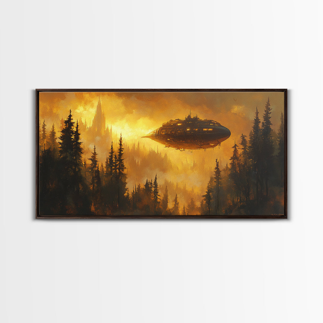 Golden Airship Over Pine Forest Wall Art, Dark Fantasy Castle Canvas Print, Moody Steampunk Landscape, Gothic Home Decor