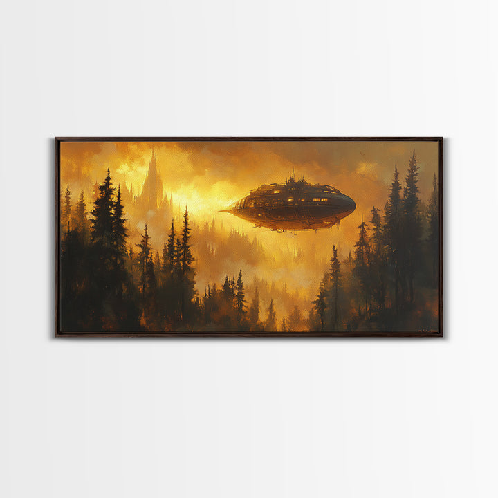 Golden Airship Over Pine Forest Wall Art, Dark Fantasy Castle Canvas Print, Moody Steampunk Landscape, Gothic Home Decor