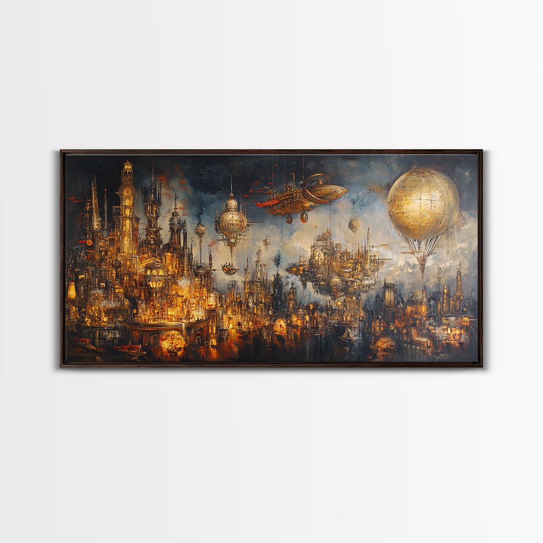 Steampunk Fantasy City With Airships Framed Canvas Print, Futuristic Wall Art, Dark Sci Fi Decor, Large Gothic Skyline Art