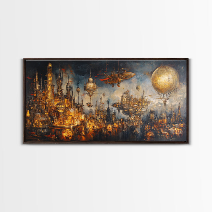 Steampunk Fantasy City With Airships Framed Canvas Print, Futuristic Wall Art, Dark Sci Fi Decor, Large Gothic Skyline Art