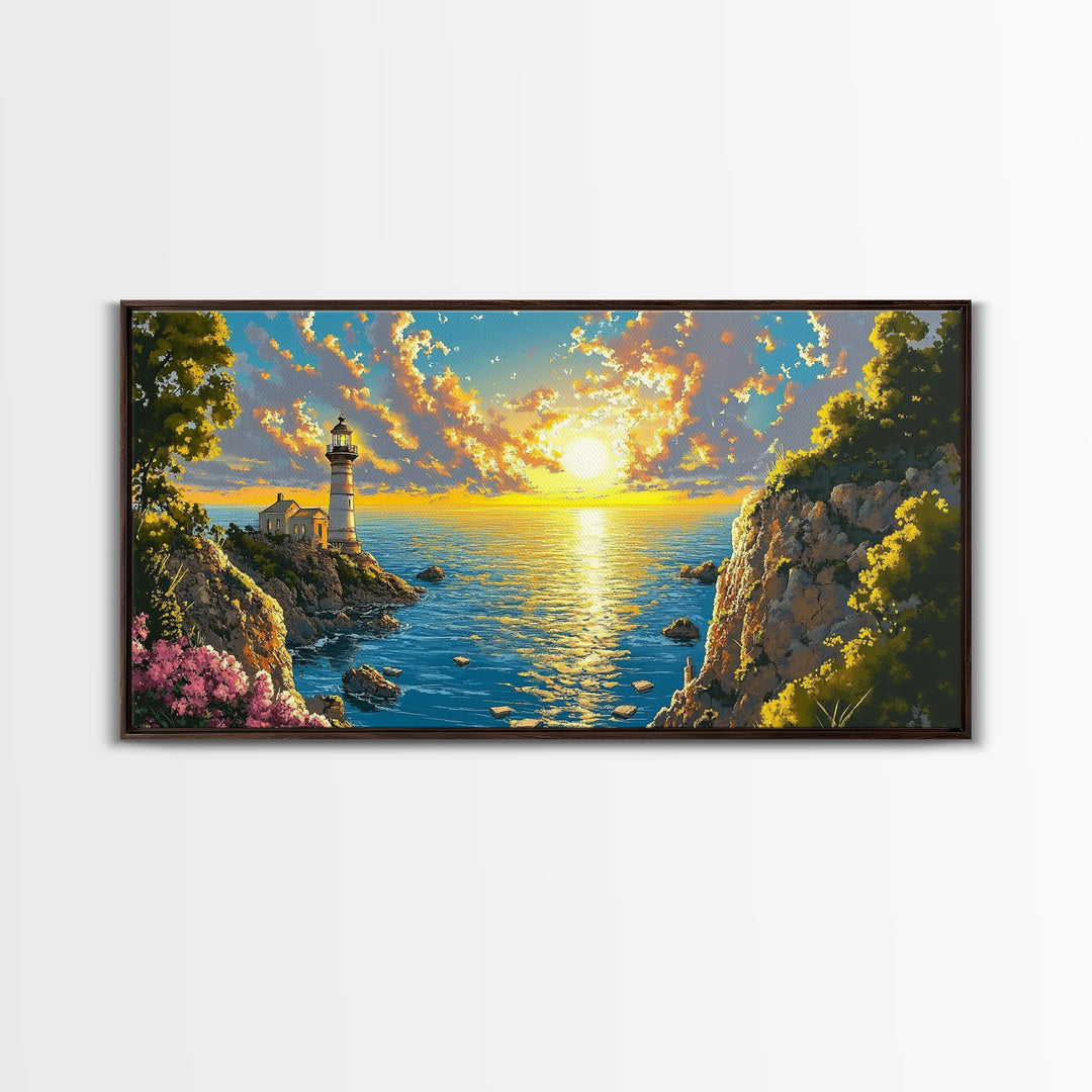 Golden Coastal Cove Lighthouse Canvas Print, Beach Wall Art, Ocean Sunset Painting, Nautical Decor, Living Room Wall Art