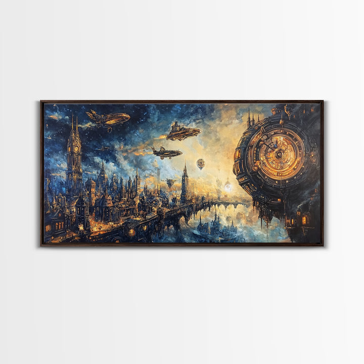 Sci Fi Clockwork City With Airships Framed Canvas Print, Futuristic Wall Art, Space Decor, Cyberpunk Cityscape Art, Large Wall Art