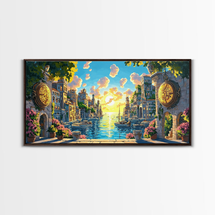 Glowing Canal City With Golden Portals Framed Canvas Print, Mediterranean Wall Art, Coastal Decor, Fantasy Landscape Art