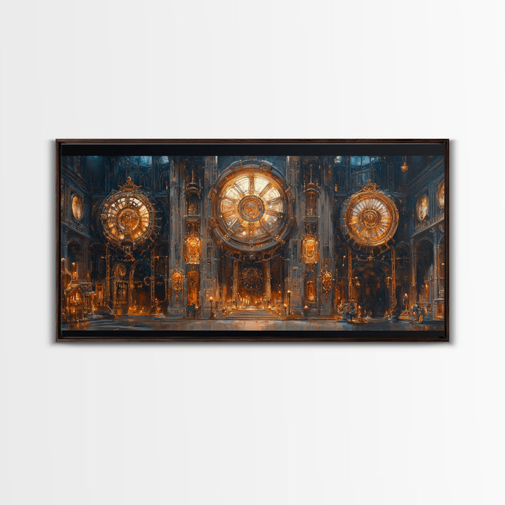 Ornate Steampunk Clock Hall Framed Canvas Print, Gothic Wall Art, Industrial Decor, Large Clockwork Interior Art, Office Decor