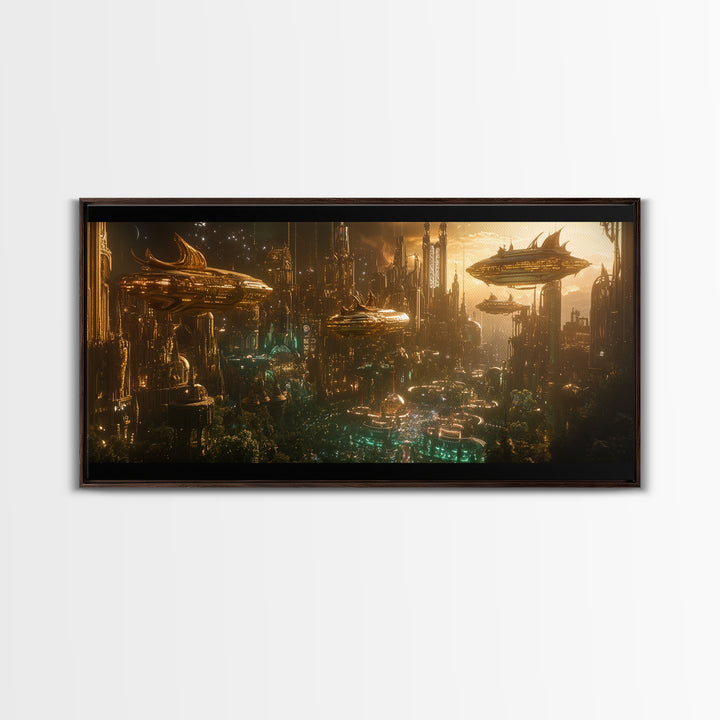 Golden Futuristic City With Airships Canvas Print, Cyberpunk Wall Art, Sci Fi Decor, Dark Fantasy Skyline, Large Wall Art