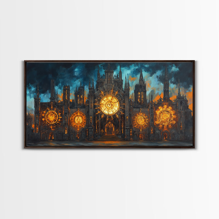Gothic Clockwork Cathedral With Glowing Clocks Framed Canvas Print, Dark Academia Wall Art, Steampunk Decor, Large Wall Art