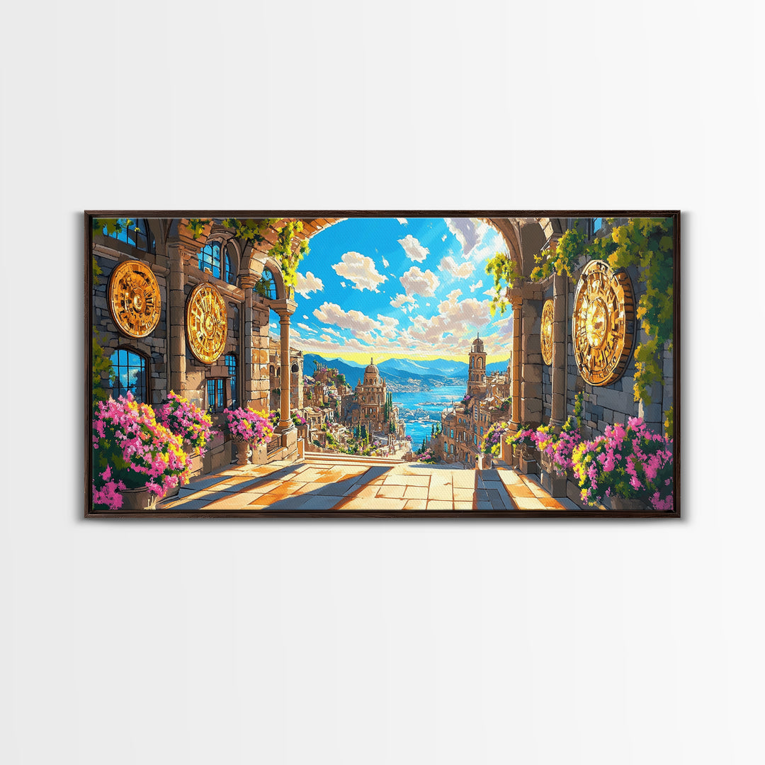 Sunlit Mediterranean Archway And Floral Coastal City Wall Art, Fantasy Italy Seascape Print, Large Travel Decor Home Decor Canvas Print