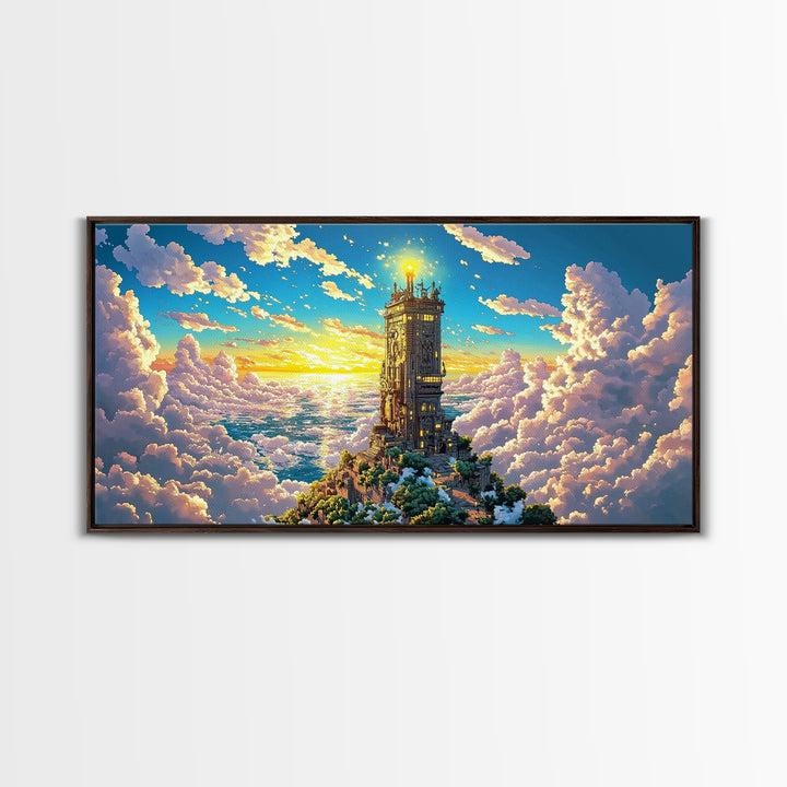 Golden Tower Above The Clouds Canvas Print, Fantasy Sky Castle Wall Art, Celestial Sunset Landscape For Living Room Decor