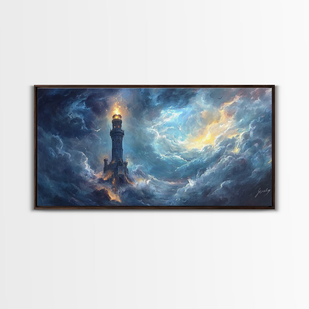 Stormy Lighthouse In Rolling Clouds Framed Canvas Print, Moody Seascape Wall Art, Dark Fantasy Ocean Decor For Living Room