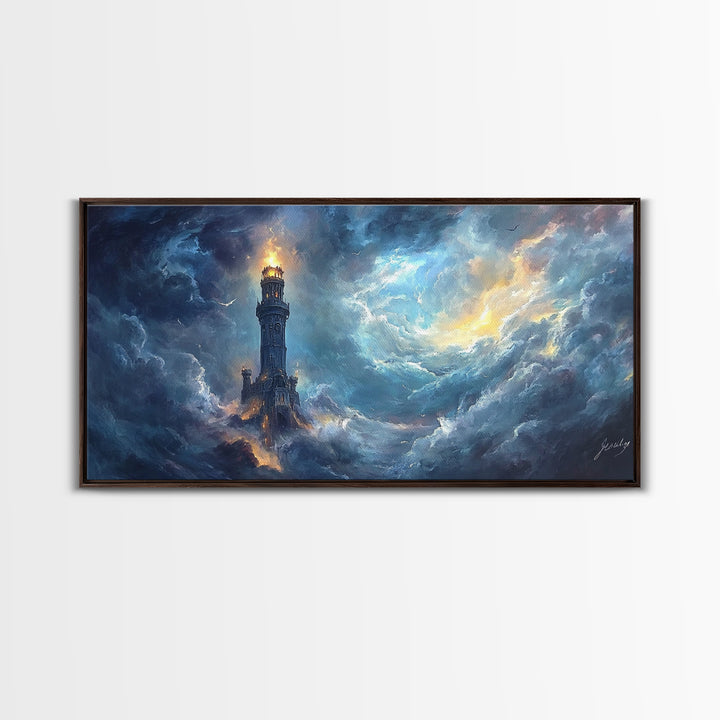 Stormy Lighthouse In Rolling Clouds Framed Canvas Print, Moody Seascape Wall Art, Dark Fantasy Ocean Decor For Living Room