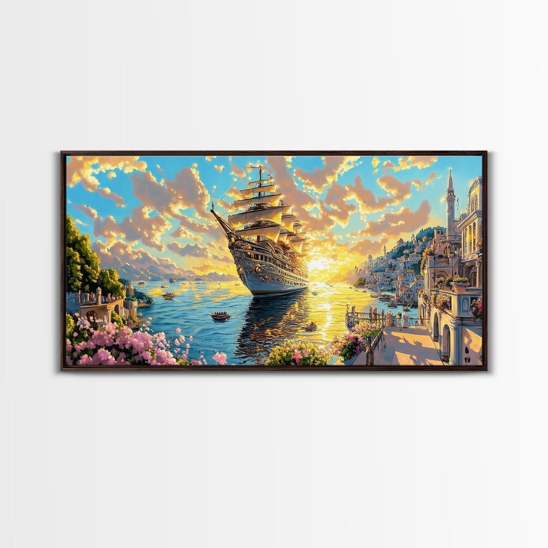 Golden Sailing Ship At Sunset Framed Canvas Print, Amalfi Coast Wall Art, Mediterranean Seascape Large Coastal Travel Home Decor